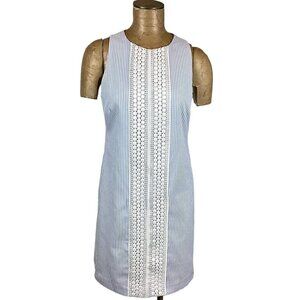 London Times Seersucker & Crochet Lace 60s/70s Shift Dress Sz 6 Blue/White 250C